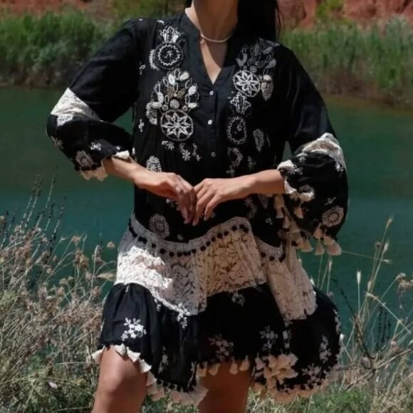 NEW Siya Tasseled Guipure Lace Cotton Dress SZ L - Picture 3 of 7